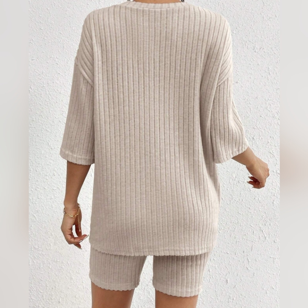 Beige Women's Ribbed Shorts Set - Picture 2 of 13